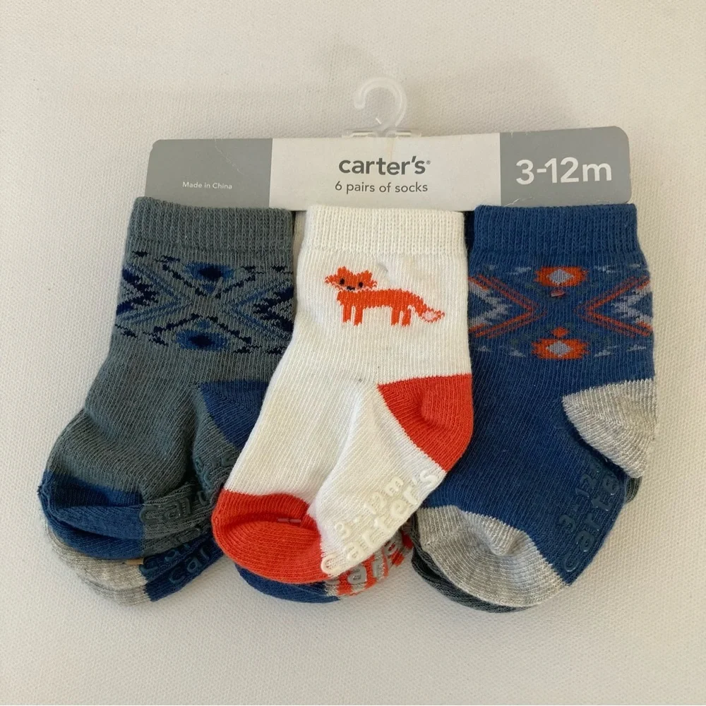 Carter’s Baby Boy 3-12 Months 6 Pack Socks Fox Blue Gray Orange